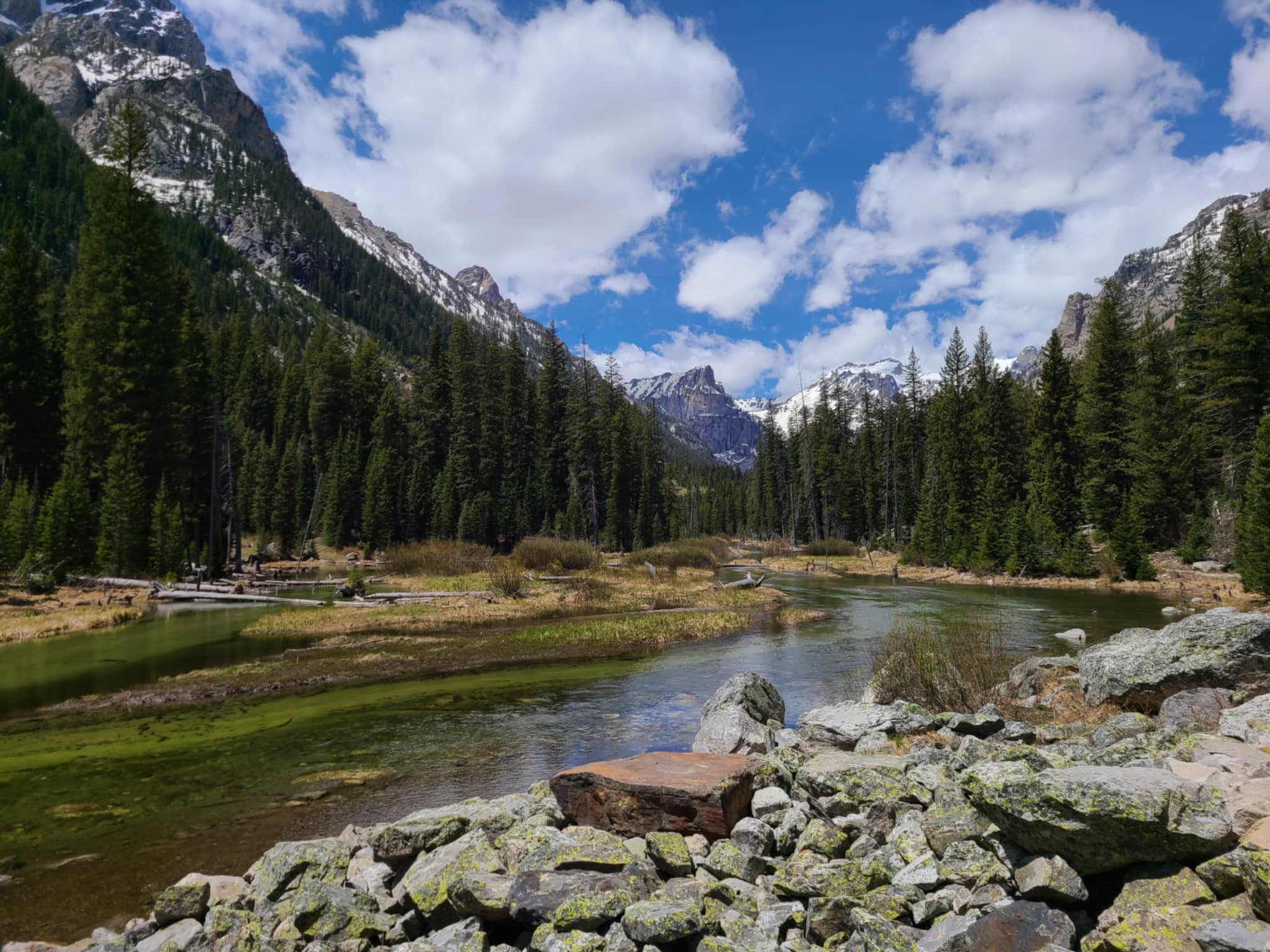 A creek running through a narrow valley in the Teton mountains.
